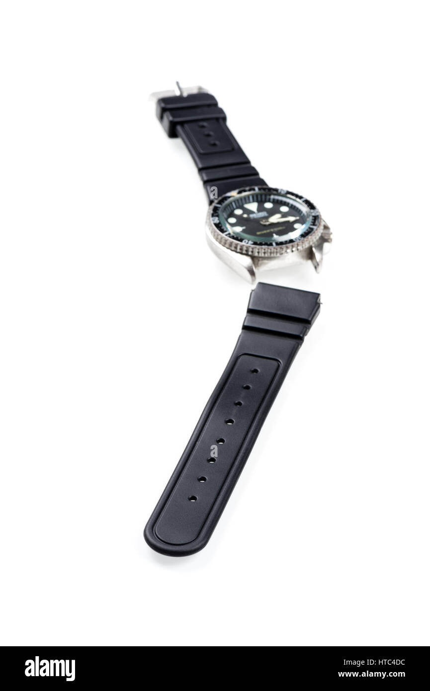 Nero in gomma watch band cinturino per orologio subacqueo Foto Stock