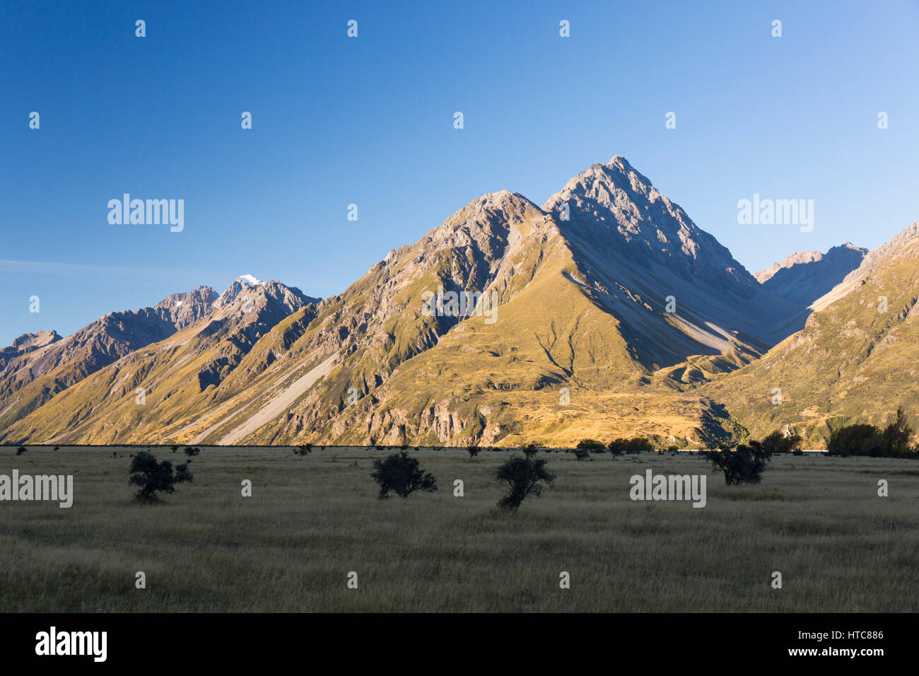 Dal Parco Nazionale Aoraki/Mount Cook, Canterbury, Nuova Zelanda. Vista su tutta la valle di Tasmania per la Burnett montagne, Mount Blackburn prominente. Foto Stock