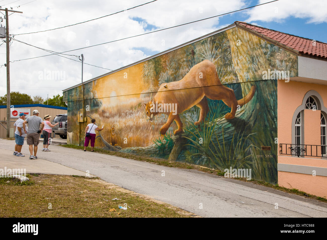 Le Persone In Cerca Di Art Murales Dipinti Su Edificio Esterno Pareti In Lake Placid Florida Conosciuta Come La Citta Dei Murales Foto Stock Alamy