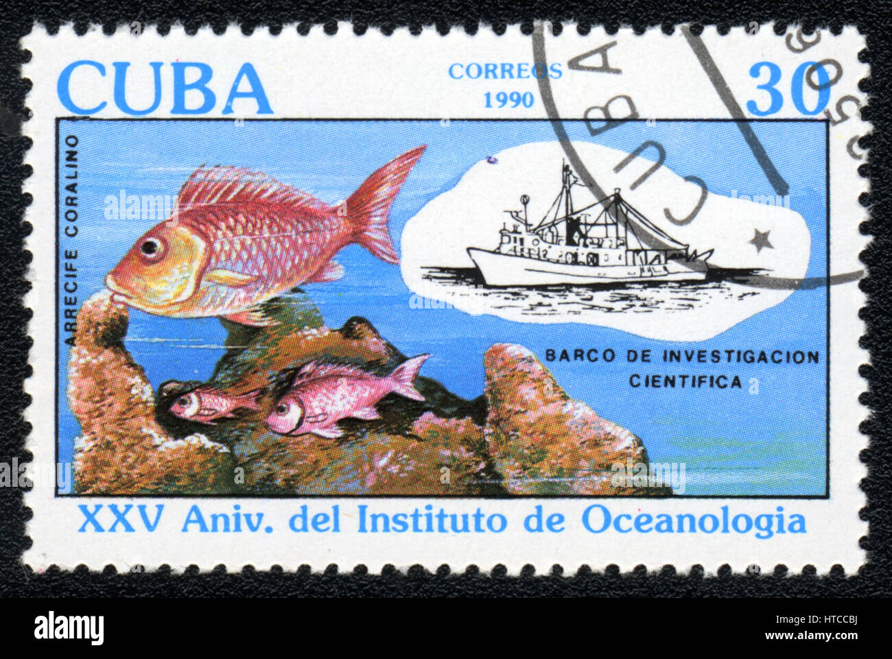 Un francobollo stampato in Cuba mostra immagine di una barriera corallina (25° anniversario dell'Istituto di Oceanology), 1990 Foto Stock