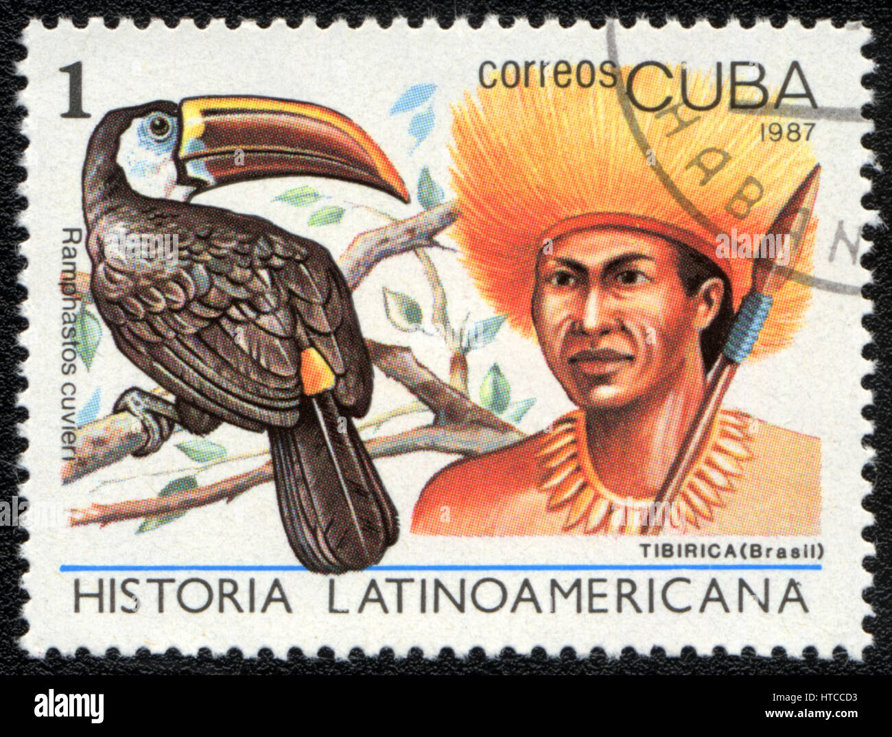 Un francobollo stampato in Cuba mostra immagine di un tibirica (Brasile) e ramphastos cuvieri, dalla serie Historia Latinoavericana, circa 1987 Foto Stock