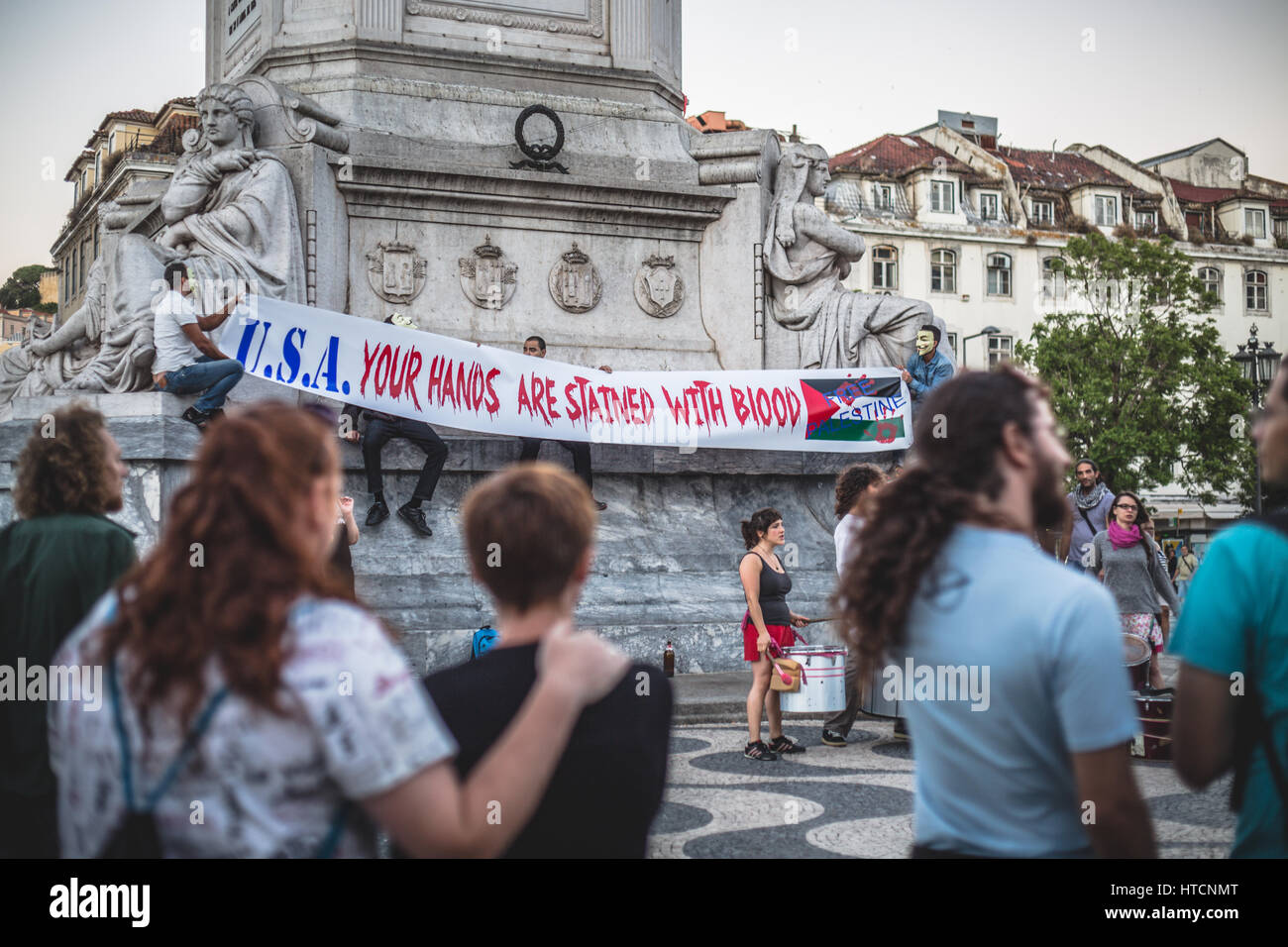 Protesta contro Stati Uniti sulla Palestina in piazza Rossio, Lisbona Foto Stock