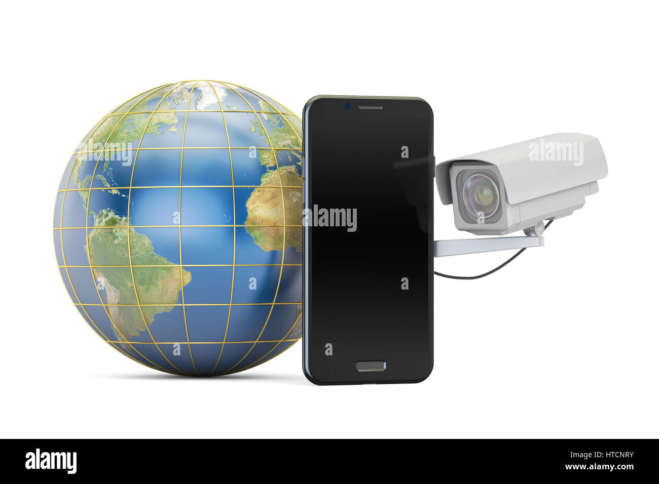 Videocamera di sicurezza con il pianeta Terra e telefono, rendering 3D Foto Stock