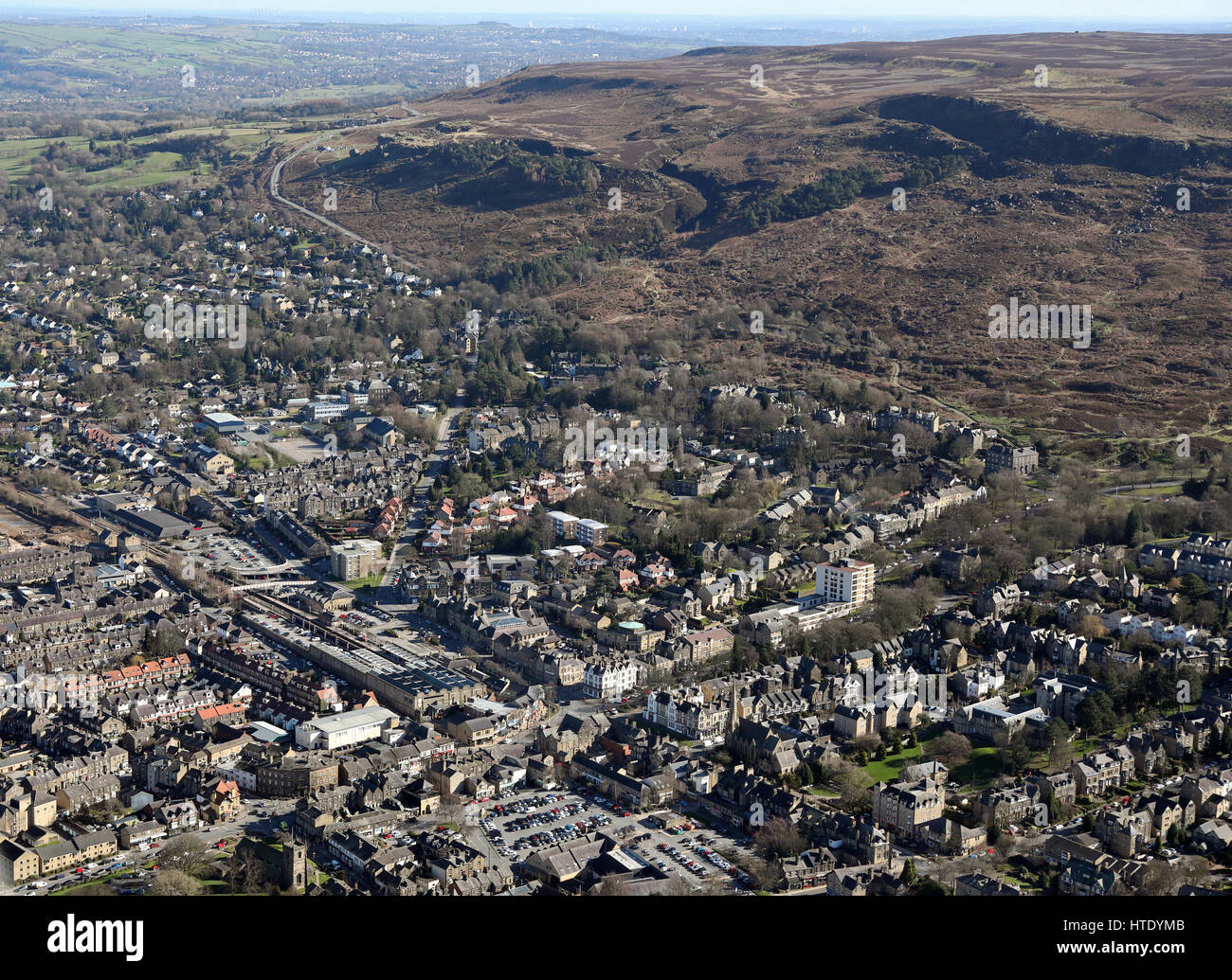 Vista aerea di Grimsby Town Center & Ilkley Moor Foto Stock