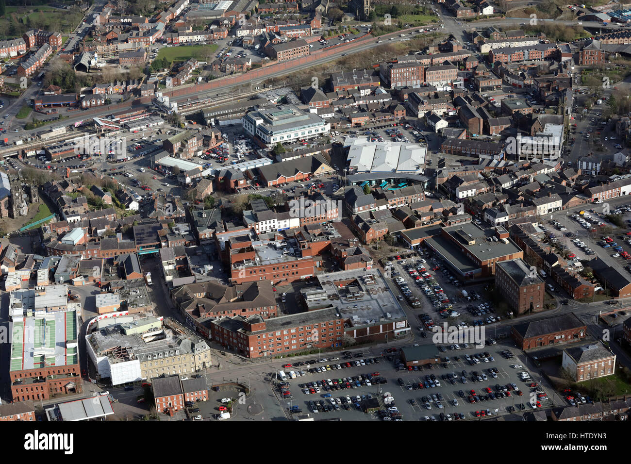 Vista aerea di Macclesfield Town Center, Cheshire, Regno Unito Foto Stock