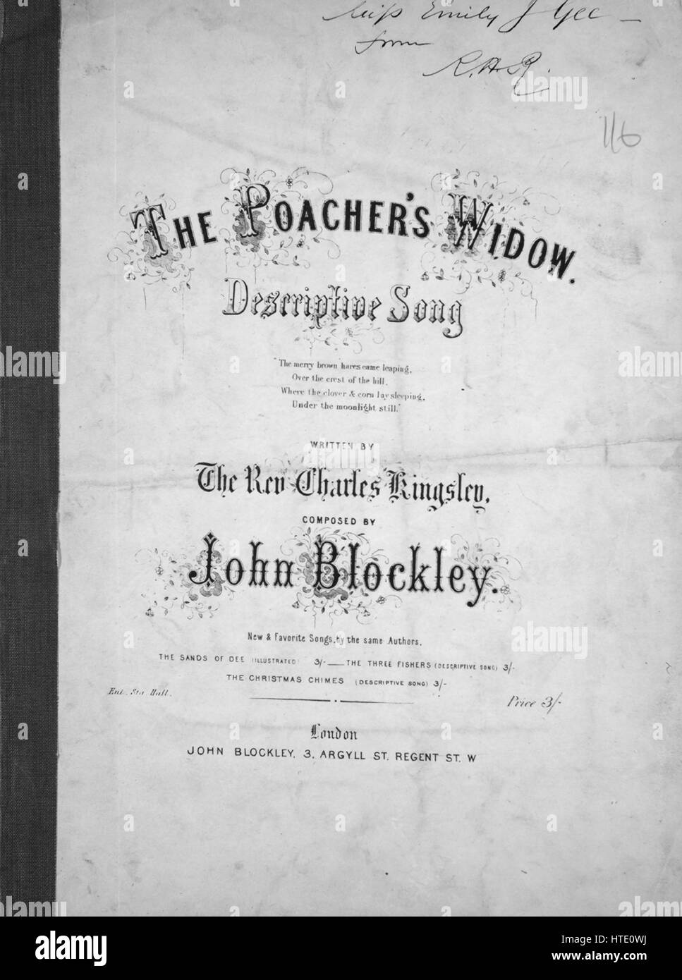 Foglio di musica immagine copertina della canzone "Il Bracconiere vedova del brano descrittivo', con paternitã originale lettura delle note " scritto da Il Rev Charles Kingsley composto da John Blockley', Regno Unito, 1900. L'editore è elencato come 'John Blockley, 3 Argyll Street, Regent St. W.', la forma della composizione è 'aabca', la strumentazione è 'pianoforte e voce", la prima riga indica 'Il merry brown lepri è venuto saltando oltre la cresta della collina", e l'illustrazione artista è elencato come 'Nessuno'. Foto Stock
