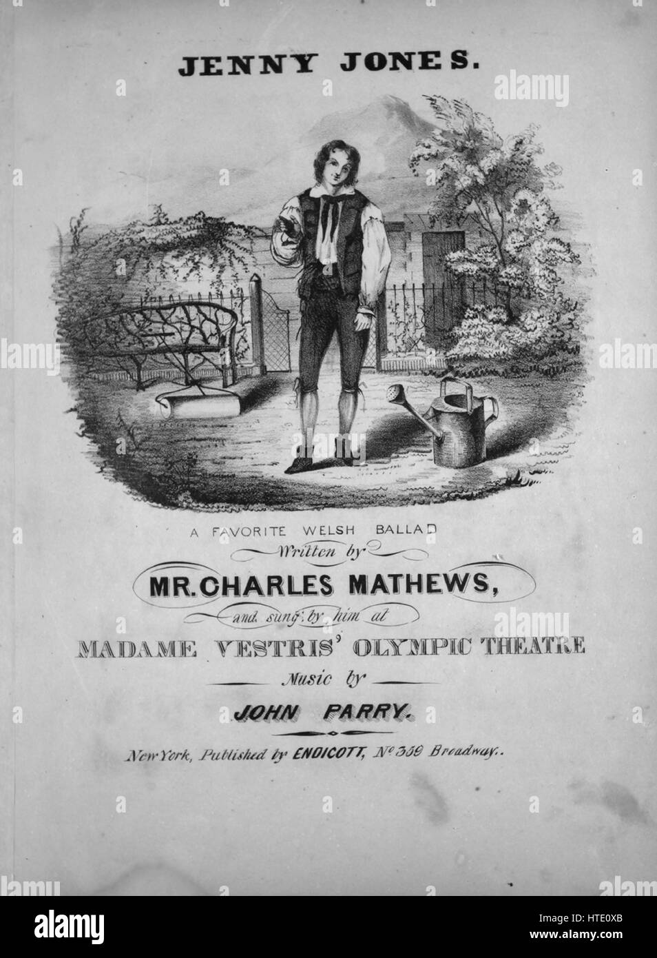 Foglio di musica immagine copertina della canzone "Jenny Jones un Preferito Welsh ballata', con paternitã originale lettura delle note "scritto dal sig. Charles Mathews musiche di John Parry', Stati Uniti, 1900. L'editore è elencato come 'Endicott, No.359 Broadway', la forma della composizione è 'strofico con chorus', la strumentazione è 'pianoforte e voce", la prima linea recita "Il mio nome è Edward Morgan, io vivo a Llangollen, la valle di San Tafyd', e l'illustrazione artista è elencato come 'S. Ackerman Engr.". Foto Stock
