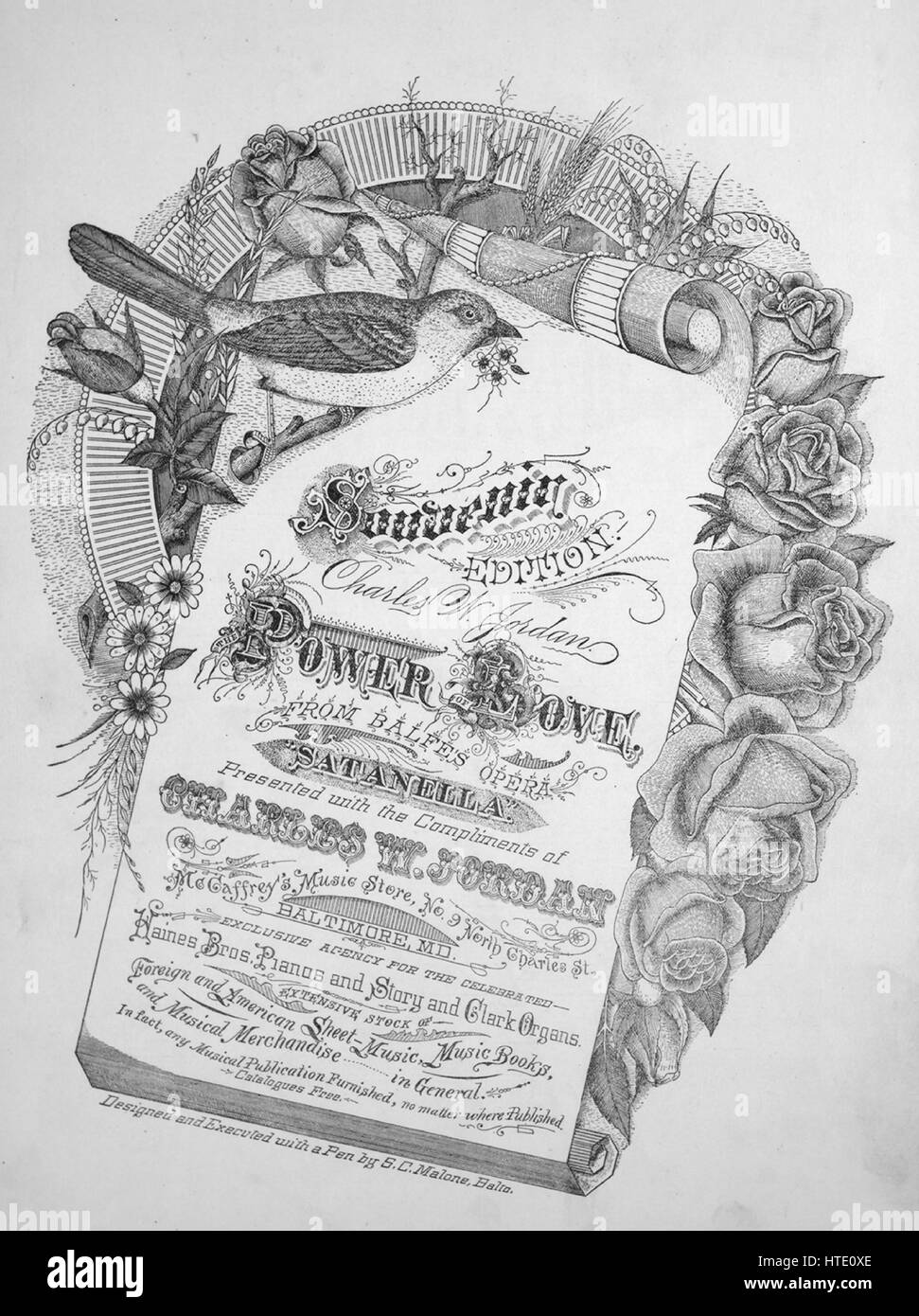 Foglio di musica immagine copertina della canzone 'souvenir Edition potenza di amore da Balfe's Opera Satanella', con paternitã originale lettura delle note "presentato con i complimenti di Charles W Giordania", Stati Uniti, 1900. L'editore è elencato come 'McCaffrey's Music Store, No.9 Nord Charles St.', la forma della composizione è 'strofico', la strumentazione è 'pianoforte e voce", la prima linea recita "C'è un Poa'r la cui sway Angel anime adorare, e l'ultimo obbedire piange sempre, e l'illustrazione artista è elencato come 'DISEGNATI ed eseguito con una penna di S.C. Malone, Balto.[coprire]; Wm. H. Keyser Lan Foto Stock