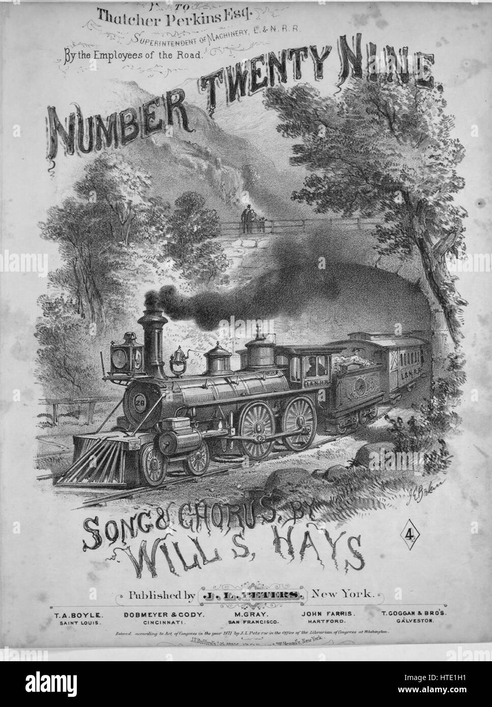 Foglio di musica immagine copertina della canzone 'numero venti nove Song e coro", con paternitã originale lettura delle note "Da Wills S Hays", Stati Uniti, 1871. L'editore è elencato come 'J.L. Peters', la forma della composizione è 'strofico con chorus', la strumentazione è 'pianoforte e voce", la prima riga indica 'ruggenti anni attraverso le foreste, scivolando attraverso la valvola', e l'illustrazione artista è elencato come 'J.H. Bufford's Lith. 301 Broadway New York; J.E. Baker [Canc.]". Foto Stock