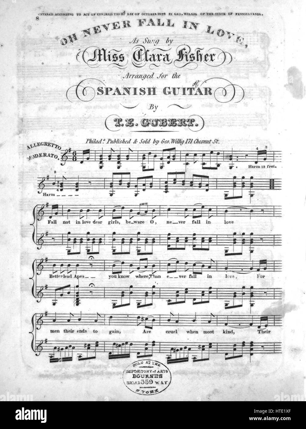 Foglio di musica immagine copertina della canzone "Oh mai cadere in amore",  con paternitã originale lettura delle note "disposti per chitarra spagnola  da te Gubert', Stati Uniti, 1828. L'editore è elencato come '