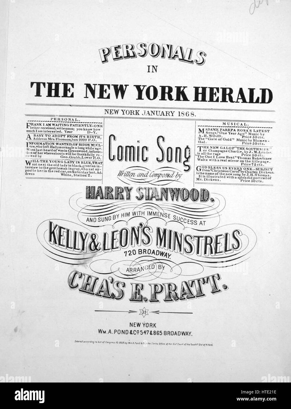 Foglio di musica immagine copertina della canzone 'Personals in New York Herald Comic Song', con paternitã originale lettura delle note " scritto e composto da Harry Stanwood; disposti da Cha e Pratt', Stati Uniti, 1868. L'editore è elencato come 'Wm. A. stagno e Co., 547 e 865 Broadway', la forma della composizione è 'strofico', la strumentazione è 'pianoforte e voce", la prima linea recita " per un paio di minuti di pregare concedere la vostra attenzione, come desidero alcuni più comico fatti solo per citare', e l'illustrazione artista è elencato come 'Nessuno'. Foto Stock