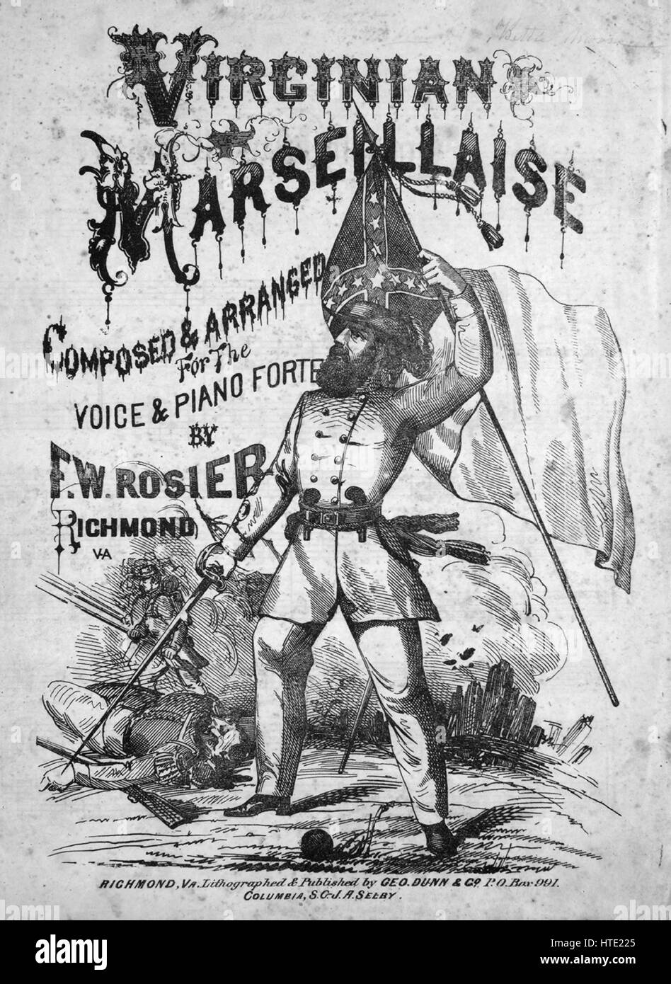 Foglio di musica immagine copertina della canzone 'Virginian Marseillaise", con paternitã originale lettura delle note "composto e arrangiato per voce e pianoforte Forte da FW Rosier', 1863. L'editore è elencato come 'litografato e pubblicato da Geo. Dunn e Co., P.O. Box 991', la forma della composizione è 'strofico con chorus', la strumentazione è 'pianoforte e voce", la prima linea recita "Virginia sente la terribile citazione, suonando hoarsely da lontano", e l'illustrazione artista è elencato come 'Litho'd da Geo. Dunn e conformarsi.". Foto Stock