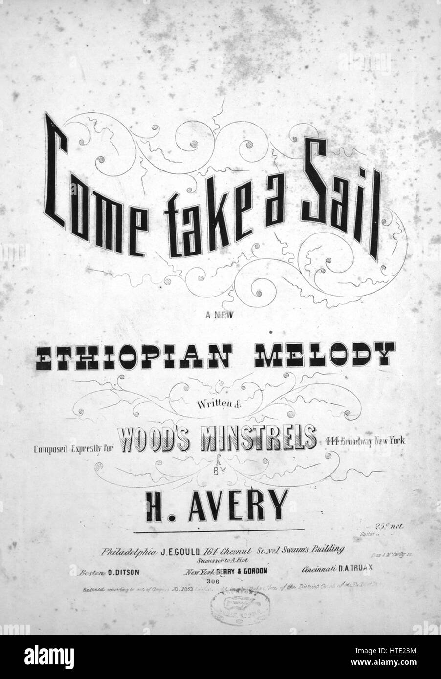 Foglio di musica immagine copertina della canzone "Vieni a prendere una vela, una nuova melodia etiope', con paternitã originale lettura delle note " scritto e composto Expreslly [sic] per legno menestrelli, 444 Broadway New York, da H Avery', Stati Uniti, 1853. L'editore è elencato come 'J.E. Gould, 164 Chesnut San, n. 1 sciami' edificio", la forma della composizione è 'strofico con chorus', la strumentazione è 'pianoforte e voce", la prima linea recita "Oh! Preferirà venite, miei cari Rosy e prendere una vela con me", e l'illustrazione artista è elencato come 'merda e McCarthy sc.". Foto Stock