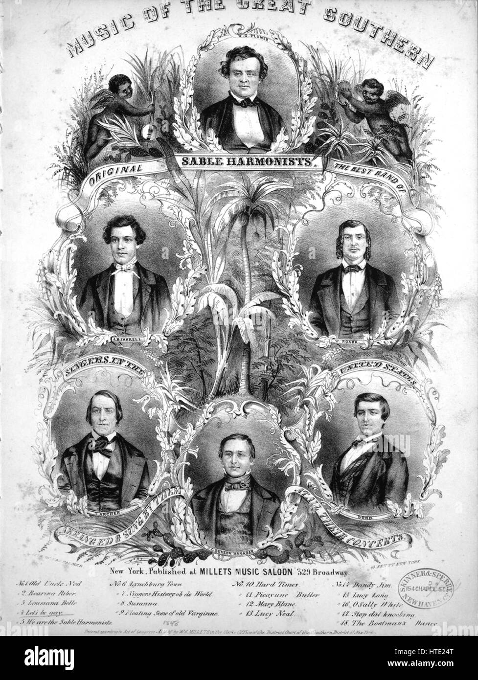 Foglio di musica immagine di copertina del brano 'musica del grande Sud Sable originale Harmonists cerchiamo di essere gay", con paternitã originale lettura delle note "disposti dal Sable Harmonists", Stati Uniti, 1848. L'editore è elencato come "Musica illets Saloon, 329 Broadway', la forma della composizione è 'strofico con chorus', la strumentazione è 'pianoforte e voce", la prima riga indica 'permette [sic] essere gay e bandire il dolore tutto il nostro lavoro è fatto al giorno", e l'illustrazione artista è elencato come "lith. di E. e S. Palmer, 43 Ann St. New York'. Foto Stock