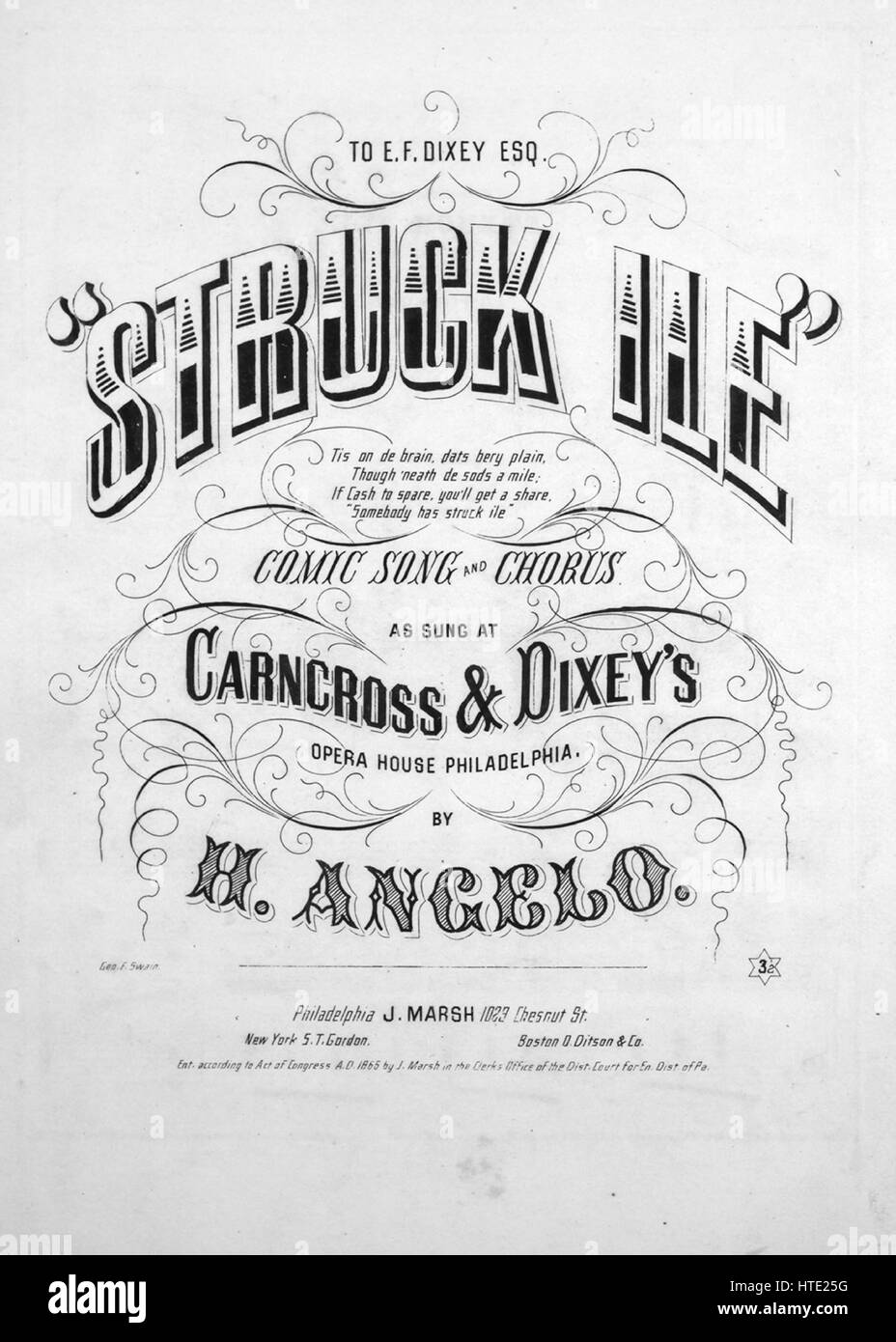 Foglio di musica immagine copertina della canzone ''Scarrello Ile' canzone di fumetti e Chorus', con paternitã originale lettura delle note "da H Angelo', Stati Uniti, 1865. L'editore è elencato come "J. Marsh, 1023 Chesnut Sant', la forma della composizione è 'strofico con chorus', la strumentazione è 'pianoforte e voce", la prima riga indica 'ar del denaro per essere realizzato, amici miei, se si ma mente i vostri occhi", e l'illustrazione artista è elencato come 'Geo. F. Swain'. Foto Stock