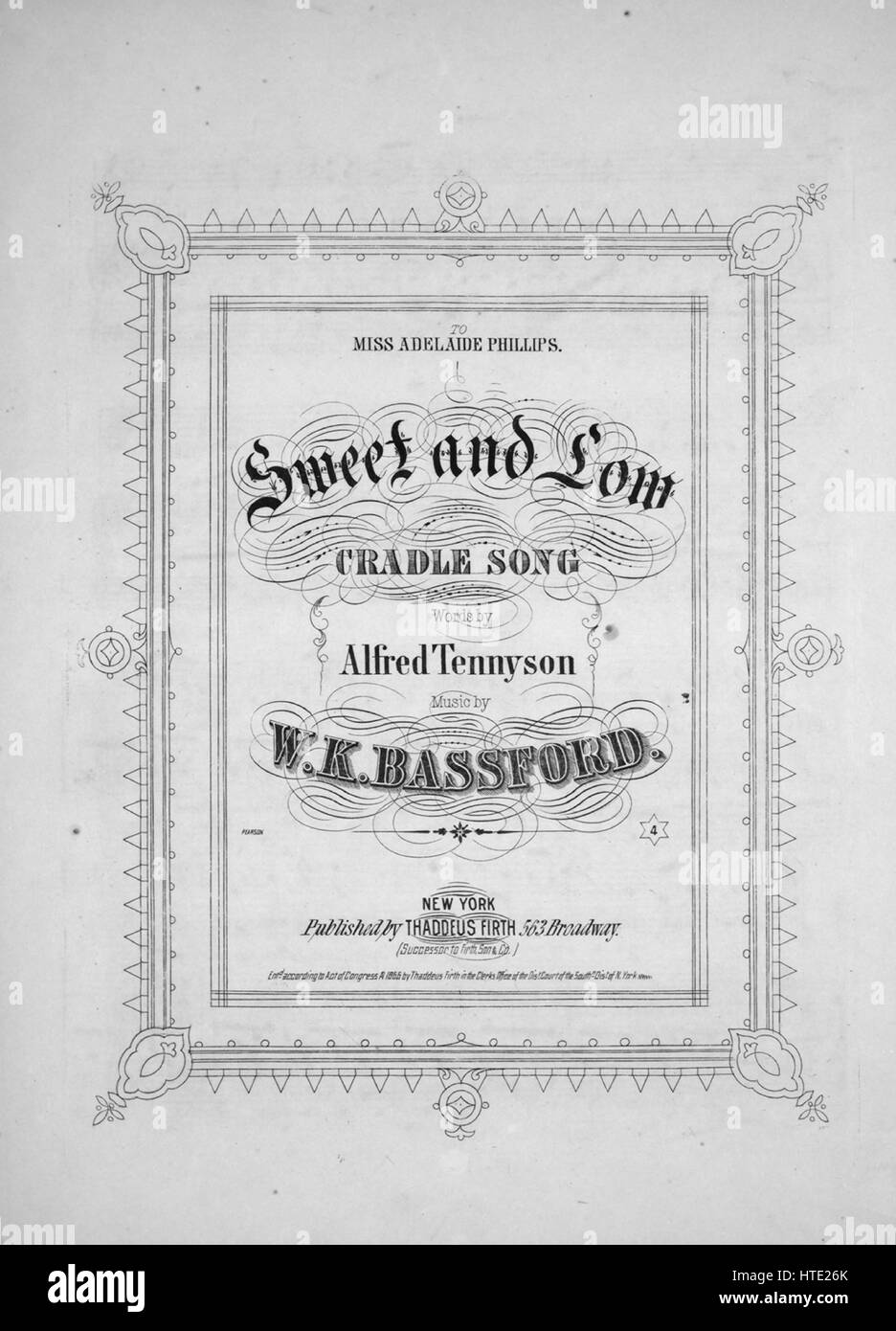 Foglio di musica immagine copertina della canzone 'Sweet e bassa culla Song', con paternitã originale lettura delle note "parole di Alfred Tennyson musica composta da WK Bassford', Stati Uniti, 1866. L'editore è elencato come 'Thaddeus Firth, 563 Broadway', la forma della composizione è 'sectional', la strumentazione è 'pianoforte e voce", la prima linea recita " dolce e bassa, dolce e bassa, il vento del mare occidentale', e l'illustrazione artista è elencato come 'Pearson'. Foto Stock