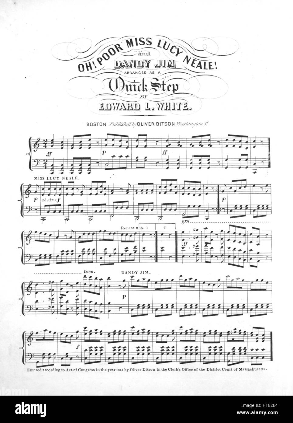 Foglio di musica immagine copertina della canzone "Oh! Poveri Miss Lucy Neale! E Dandy Jim', con paternitã originale lettura delle note "disposti come un rapido passaggio da Edward L' bianco, Stati Uniti, 1844. L'editore è elencato come 'Oliver Ditson, Washington St.', la forma della composizione è 'sectional', la strumentazione è 'piano', la prima riga indica 'Nessuno', e l'illustrazione artista è elencato come 'Nessuno'. Foto Stock