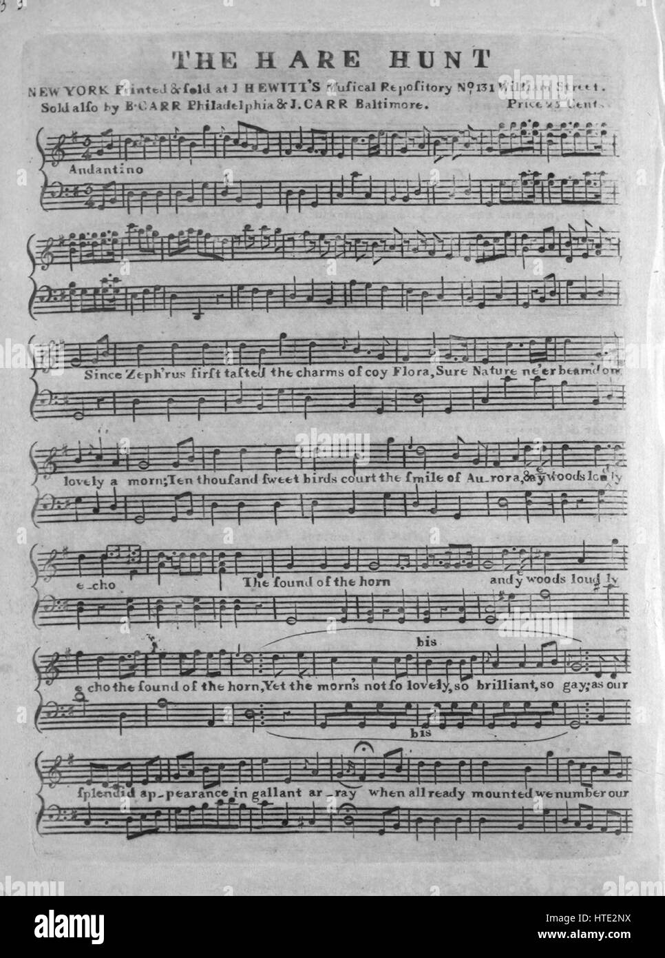 Foglio di musica immagine copertina della canzone "La lepre caccia [Sonneck-Upton riferimento p 177e, per nota manoscritta sul cliente]', con paternitã originale lettura delle note "na", Stati Uniti, 1900. L'editore è elencato come "J. Hewitt musicale del repository, No. 131 William Street', la forma della composizione è 'strofico con chorus', la strumentazione è 'pianoforte e voce", la prima riga visualizza " ince Sof'rus prima assaggiato il fascino di coy Flora, assicurarsi che la natura ne'er fascio'd sulla così incantevole un mattino', e l'illustrazione artista è elencato come 'Nessuno'. Foto Stock