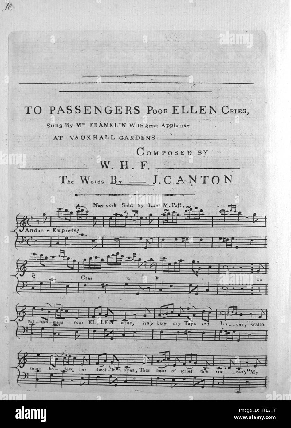 Foglio di musica immagine copertina della canzone "ai passeggeri i poveri grida di Ellen', con paternitã originale note "lettura composta da WHF; le parole da J' Canton, Stati Uniti, 1900. L'editore è elencato come 'I. e M. Paff", la forma della composizione è 'strofico', la strumentazione è 'pianoforte e voce; Tedesco flauto", la prima linea recita "passeggeri poveri grida di Ellen, pregate per acquistare il mio nastro e lacci', e l'illustrazione artista è elencato come 'Nessuno'. Foto Stock