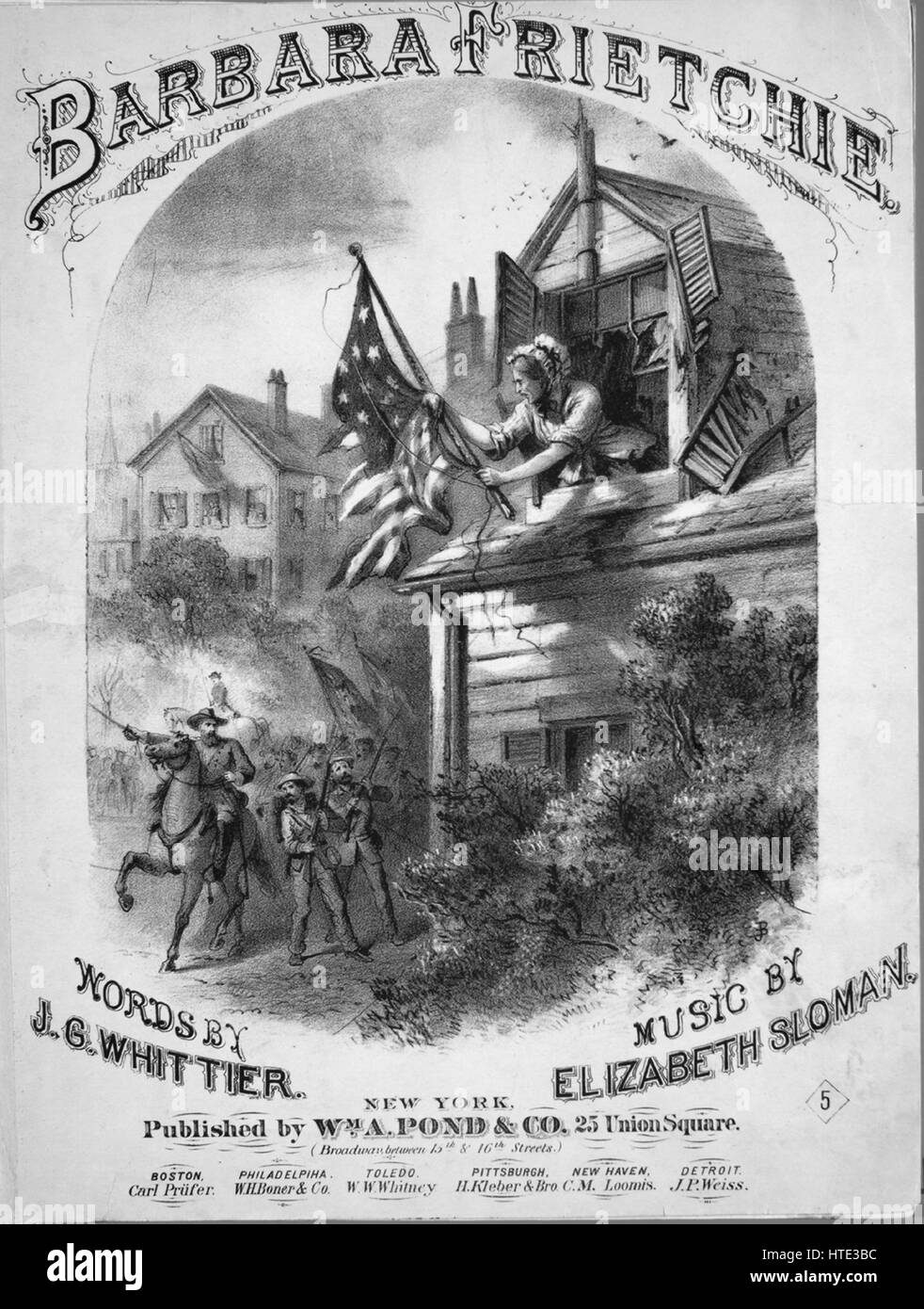 Foglio di musica immagine copertina della canzone "Barbara Frietchie', con paternitã originale lettura delle note "Parole da Jürg Whittier musica da Elizabeth Sloman', Stati Uniti, 1874. L'editore è elencato come 'Wm. A. stagno e Co., 25 Union Square', la forma della composizione è 'sectional', la strumentazione è 'pianoforte e voce", la prima riga indica 'Fino rose vecchie Barbara Frietchie poi, prua'd bassa con i suoi tre-cliente anni e dieci ", e l'illustrazione artista è elencato come 'Nessuno'. Foto Stock