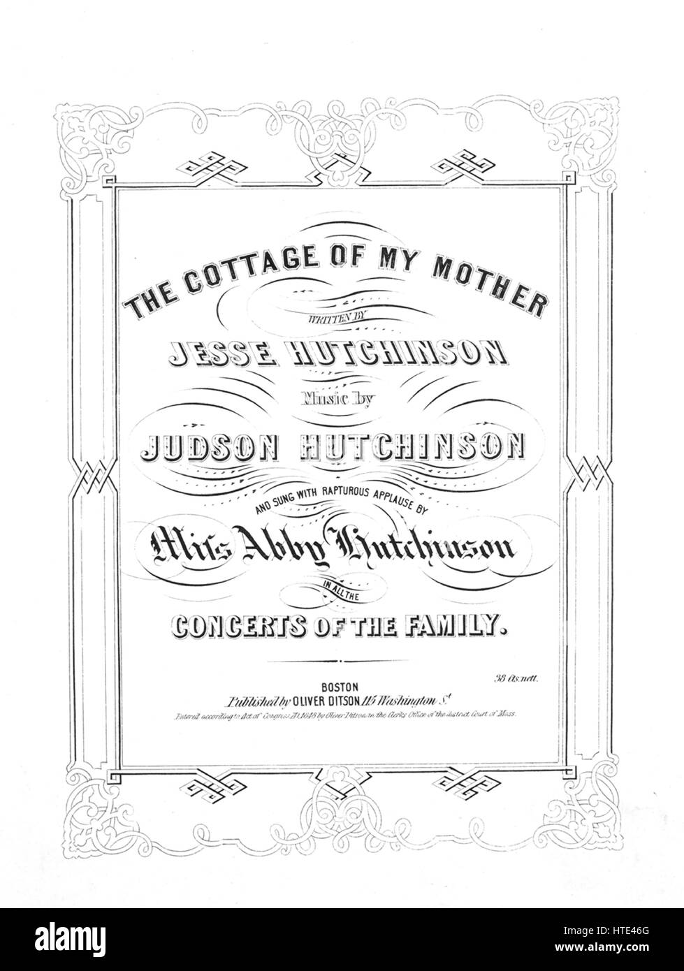 Foglio di musica immagine copertina della canzone "Il Cottage di mia madre", con paternitã originale lettura delle note " scritto da Jesse Hutchinson musica da Judson Hutchinson', Stati Uniti, 1848. L'editore è elencato come 'Oliver Ditson, 115 Washington St', la forma della composizione è 'strofico', la strumentazione è 'pianoforte e voce", la prima linea recita "Io vivo tra le colline nel cottage di mia madre, mia bonnie compagni sono una sorella e un fratello", e l'illustrazione artista è elencato come 'Nessuno'. Foto Stock