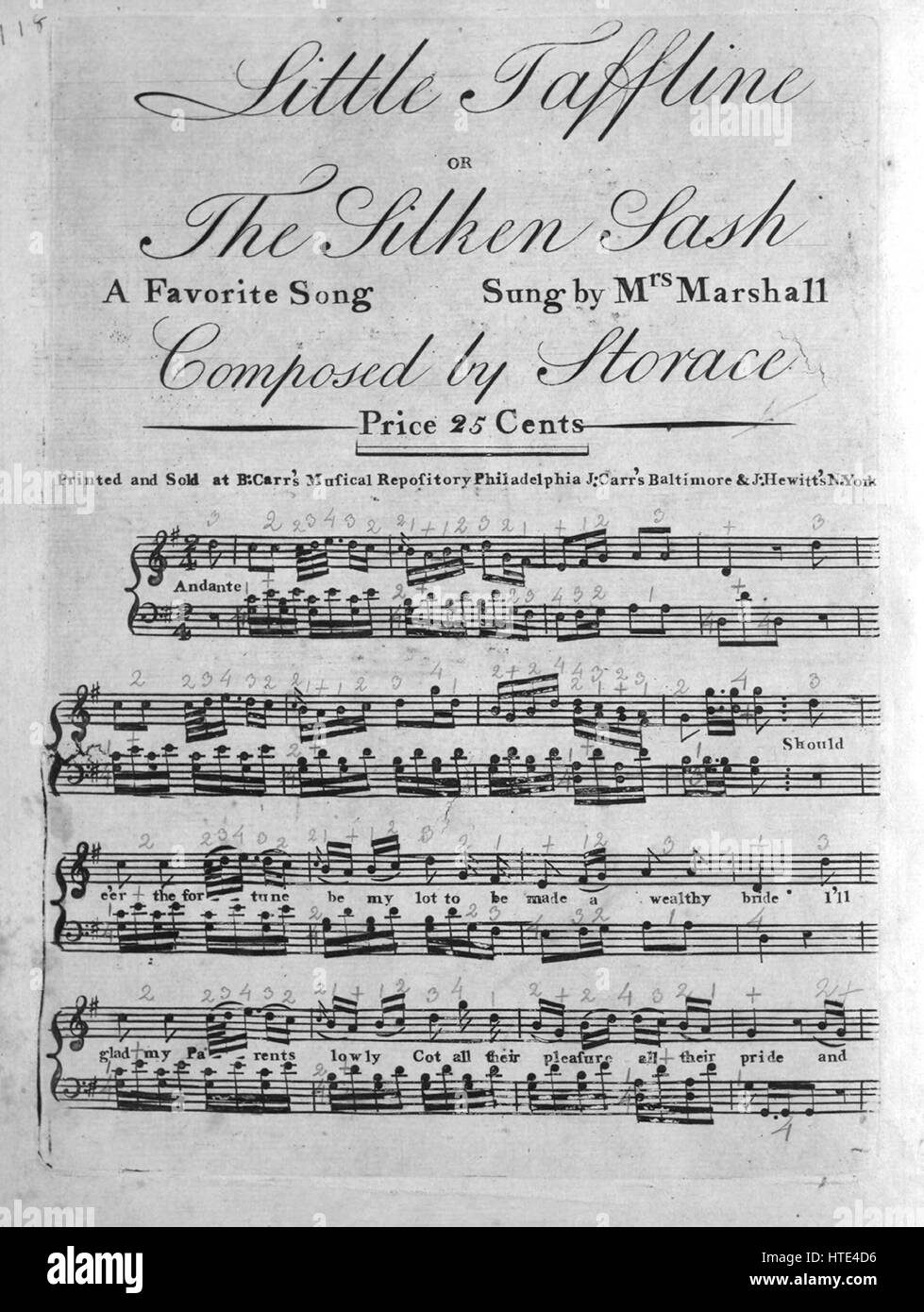 Foglio di musica immagine copertina della canzone 'Little Taffline o, il Silken anta una canzone preferita [Sonneck-Upton riferimento, p 235d]', con paternitã originale note "lettura composta da Storace', Stati Uniti, 1900. L'editore è elencato come "B. Carr musicale del Respository', la forma della composizione è 'strofico con chorus', la strumentazione è 'pianoforte e voce", la prima linea recita "should e'er la fortuna sarà il mio sacco per essere realizzato un ricco sposa", e l'illustrazione artista è elencato come 'Nessuno'. Foto Stock