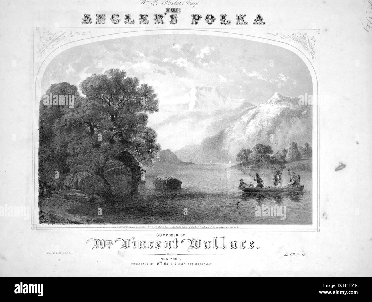 Spartiti immagine di copertina della canzone 'The Angler's Polka', con note di autore originali recensite 'composed by Wm Vincent Wallace', Stati Uniti, 1854. L'editore è elencato come 'Wm. Hall and Son, 239 Broadway, la forma di composizione è 'fittizia [alcune scritture programmatiche, con annotazioni, ad esempio 'un po' gettato il fly', o 'in uscita più linee'].', la strumentazione è 'piano', la prima riga è 'Nessuno', e l'artista dell'illustrazione è elencato come 'Lith. Di Sarony e Co. N.Y.'. Foto Stock