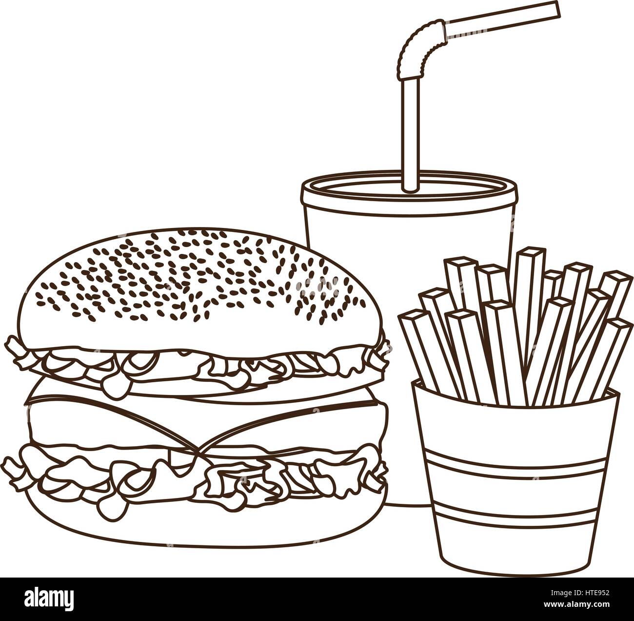 Contorno monocromatica di hamburger con patatine fritte e bicarbonato di  sodio Immagine e Vettoriale - Alamy