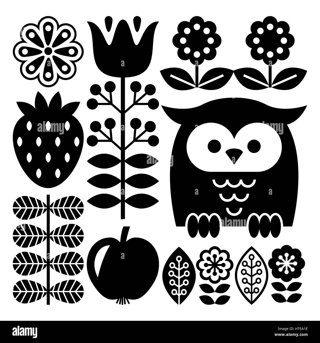 Il finlandese ha ispirato l'arte popolare pattern in nero - scandinavo, stile nordico Illustrazione Vettoriale