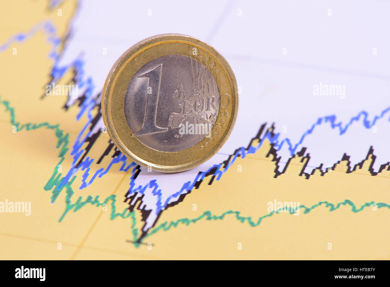 Monete in euro della moneta europea che stabilisce nel grafico del mercato dei cambi Foto Stock