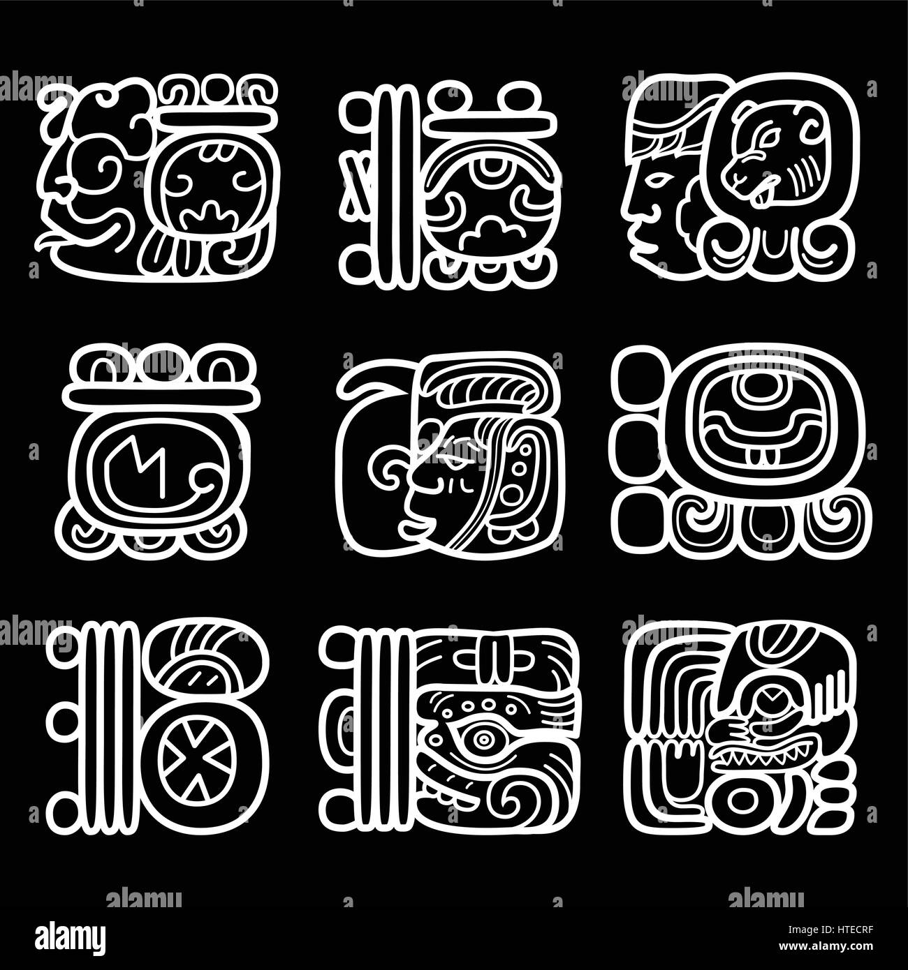 I glifi Maya, sistema di scrittura e languge disegno vettoriale Illustrazione Vettoriale