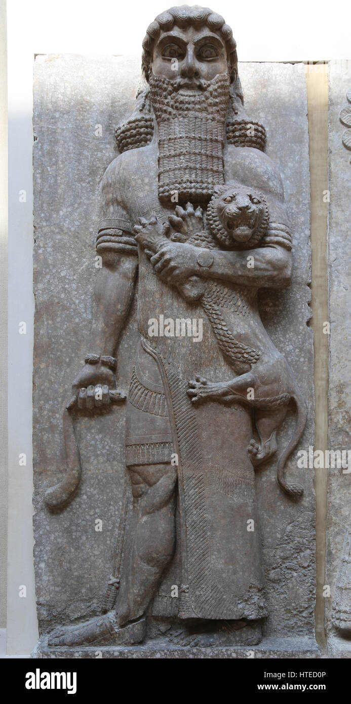 L eroe di sopraffazione un Lion (identificato con Gilgamesh). Palazzo di Sargon II Gli Assiri. Sala del trono. Gli Assiri. 721-705 A.C. Khorsabad Palace. Louvr Foto Stock