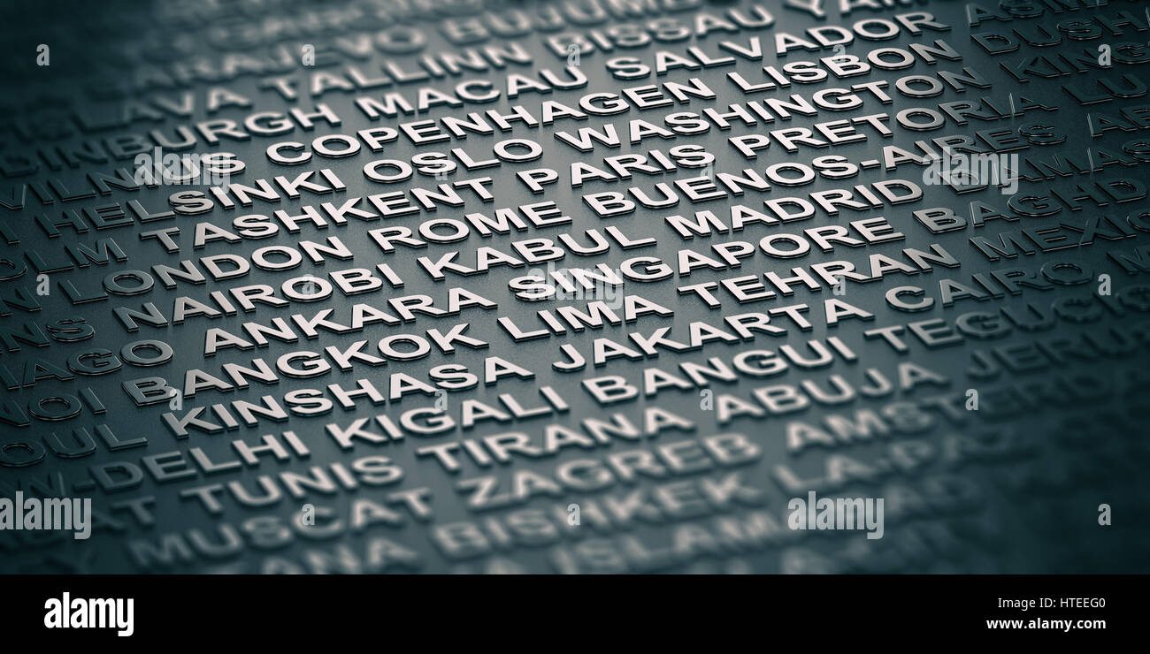 Elenco Capitali Del Mondo In Ordine Alfabetico 3d illustrazione di un elenco delle capitali del mondo su sfondo nero