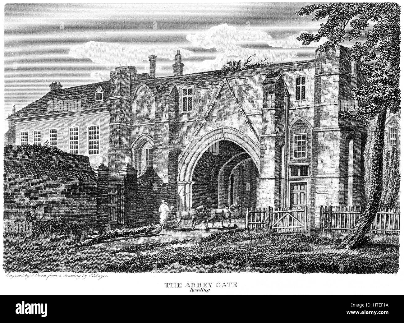 Una incisione del Abbey Gate, Reading, Berkshire scansionati ad alta risoluzione da un libro stampato in 1812. Ritiene copyright free. Foto Stock