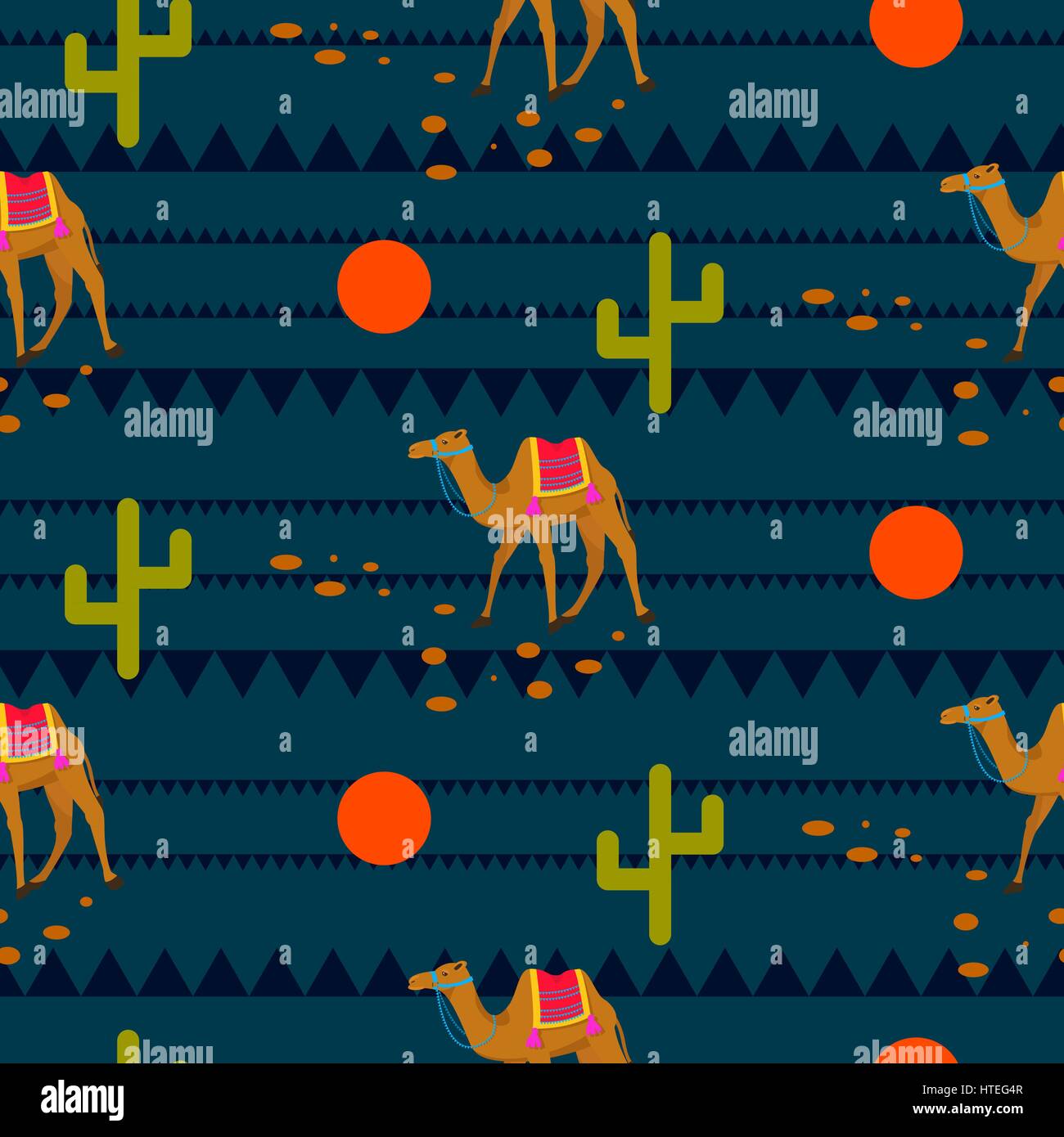 Cammelli nel deserto di etnia blu notte pattern. Illustrazione Vettoriale