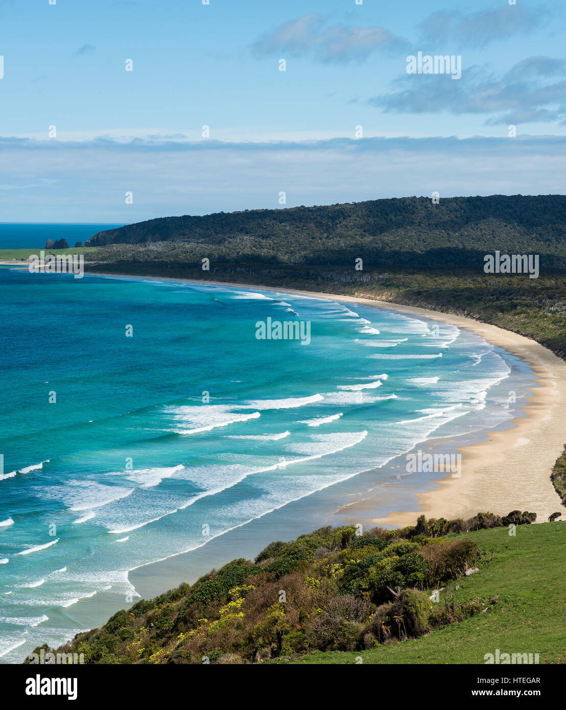 Lookout, Firenze Hill Lookout, spiaggia Tautuku Bay, il Catlins, Regione del Southland, Southland, Nuova Zelanda Foto Stock