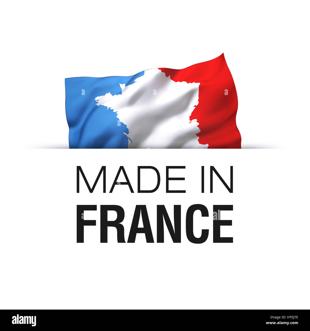 Realizzato in Francia - Etichetta con una sventola bandiera della Francia, paese le frontiere tracciate all'interno. Foto Stock