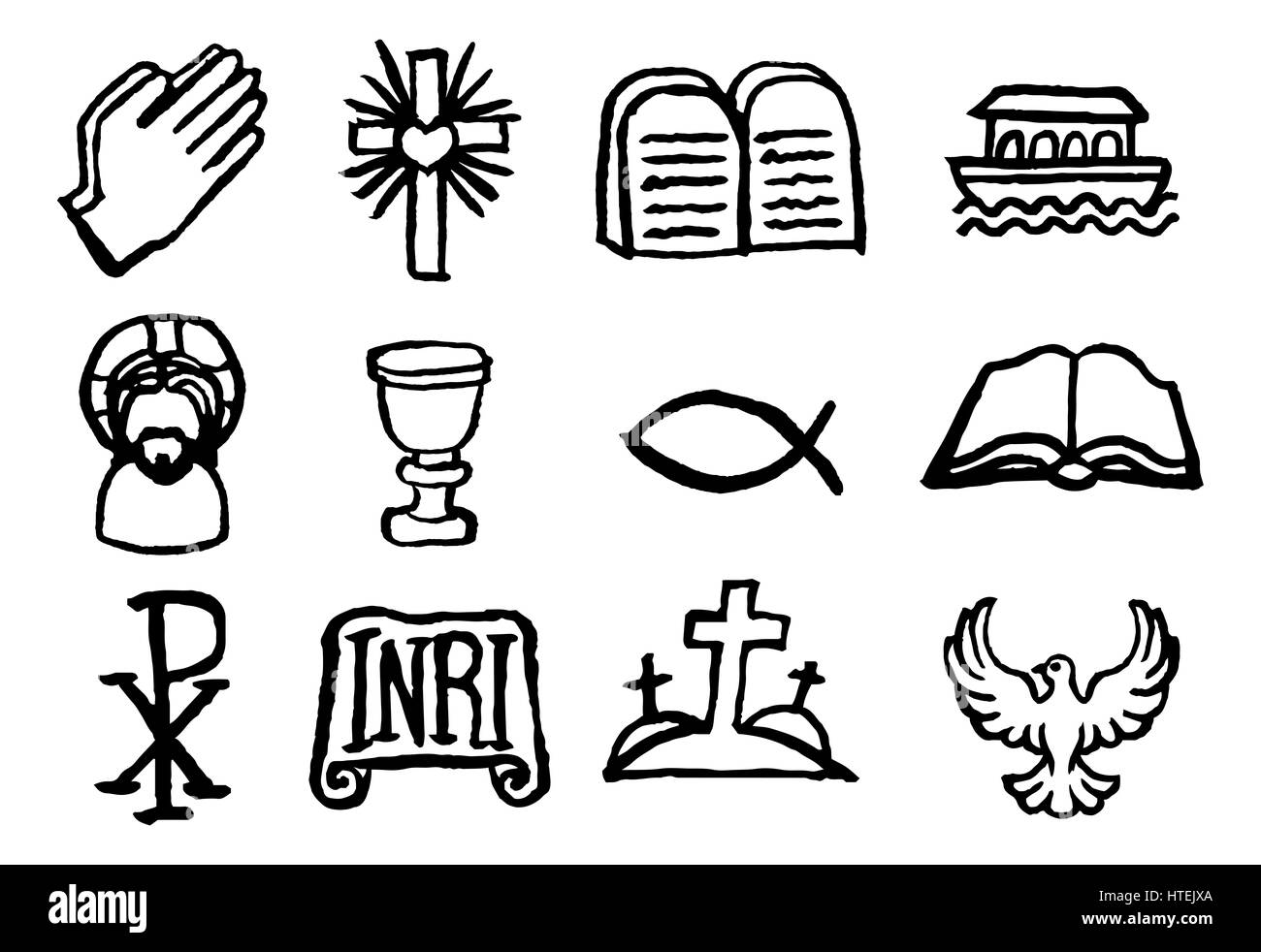 Icona cristiana set di simboli dipinti con un pennello in acquerello inchiostro in grungy disegnati a mano stile poi digitalizzati. Foto Stock