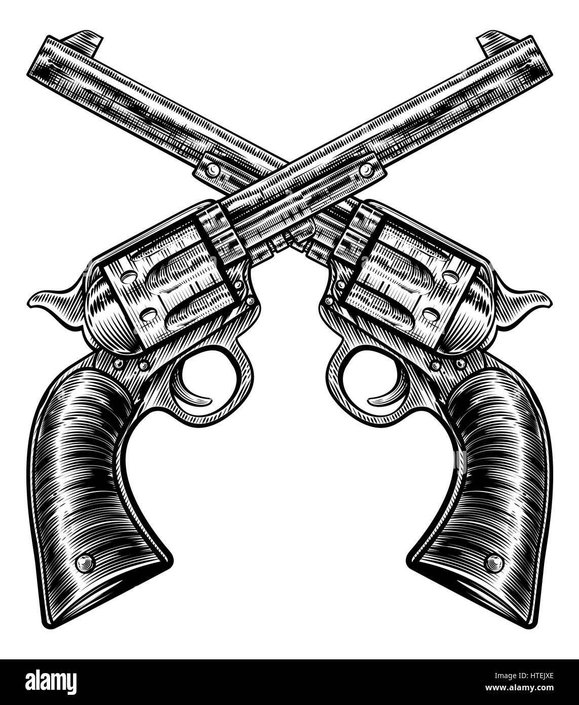Una coppia di attraversata pistola pistola revolver sei shooter pistole disegnato in un vintage retrò xilografia incisa o stile inciso Foto Stock