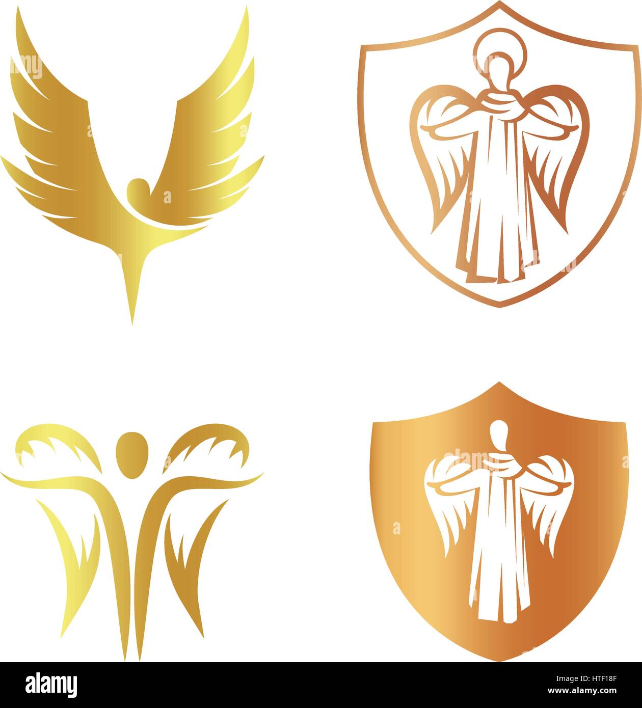 Isolato di colore golden angel logo silhouette set, protezione con elemento religioso logotipo raccolta,rivestire del braccio con l'arcangelo illustrazioni vettoriali su bianco. Illustrazione Vettoriale