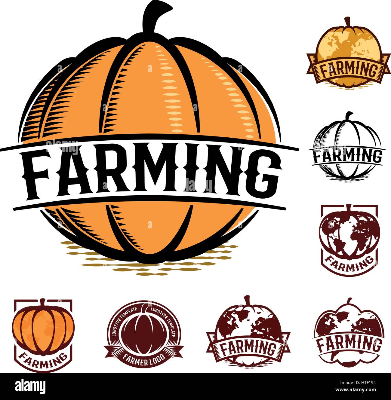 Isolato di colore arancione zucca set del logo su sfondo bianco autunno logotipo vegetale raccolta, mappamondo stilizzato illustrazione vettoriale Illustrazione Vettoriale