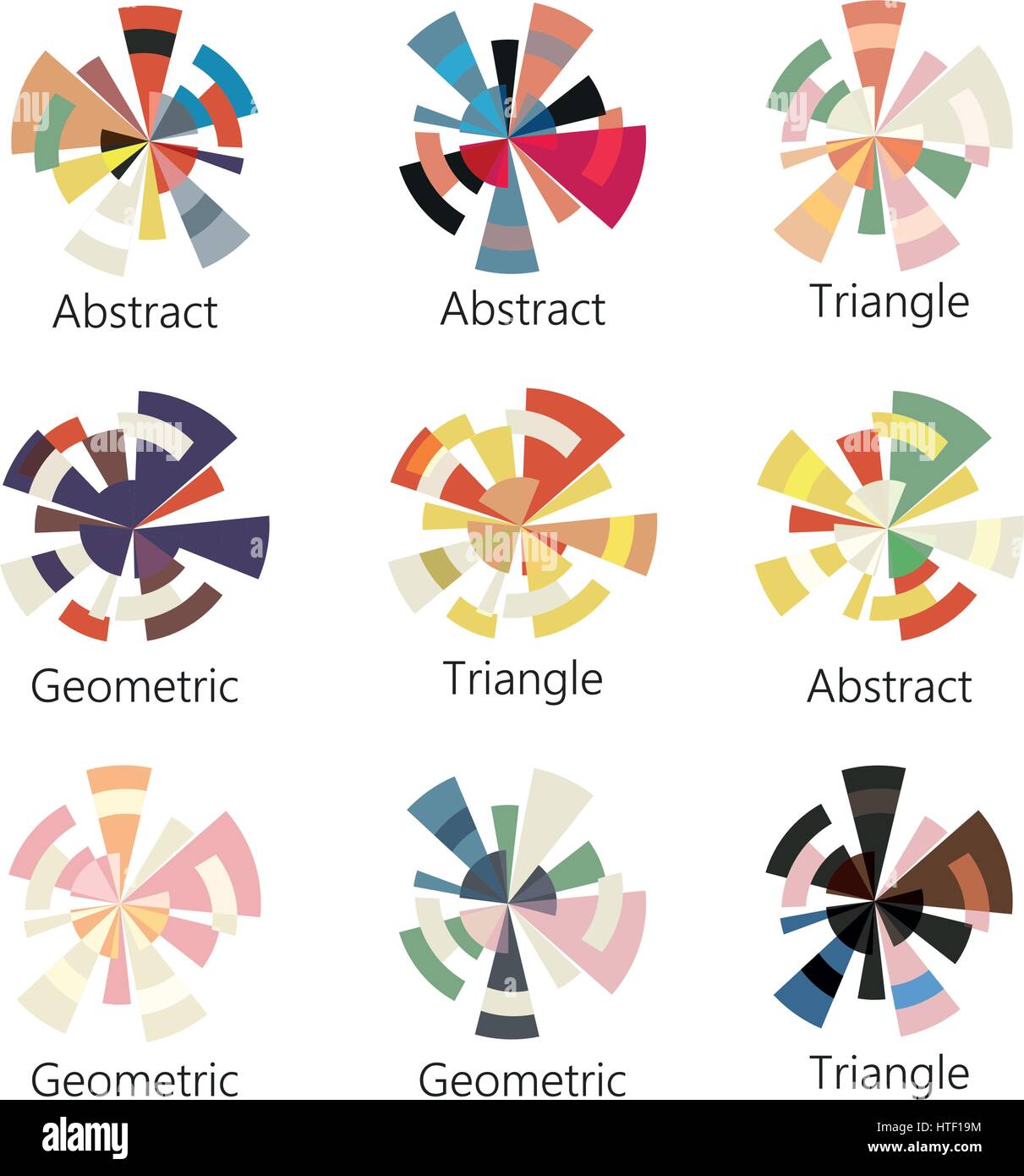 Isolato colorato astratto forma rotonda logo di triangoli impostato su sfondo bianco, schema raccolta di icone, elementi geometrici illustrazione vettoriale Illustrazione Vettoriale