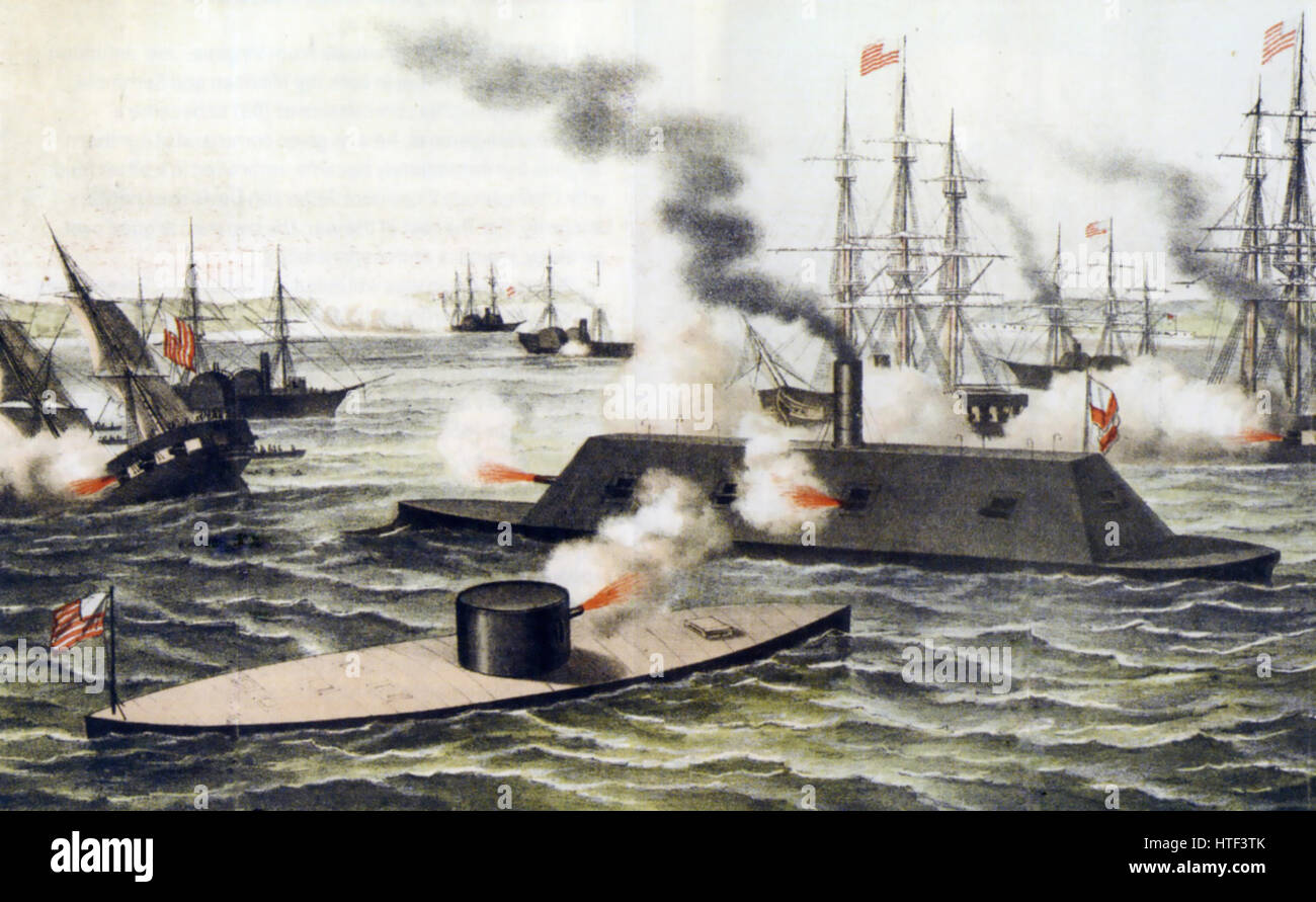 USS Monitor a sinistra lo scambio di fuoco con il foglio di stile CSS Virginia 0n 9 Marzo 1862 Foto Stock