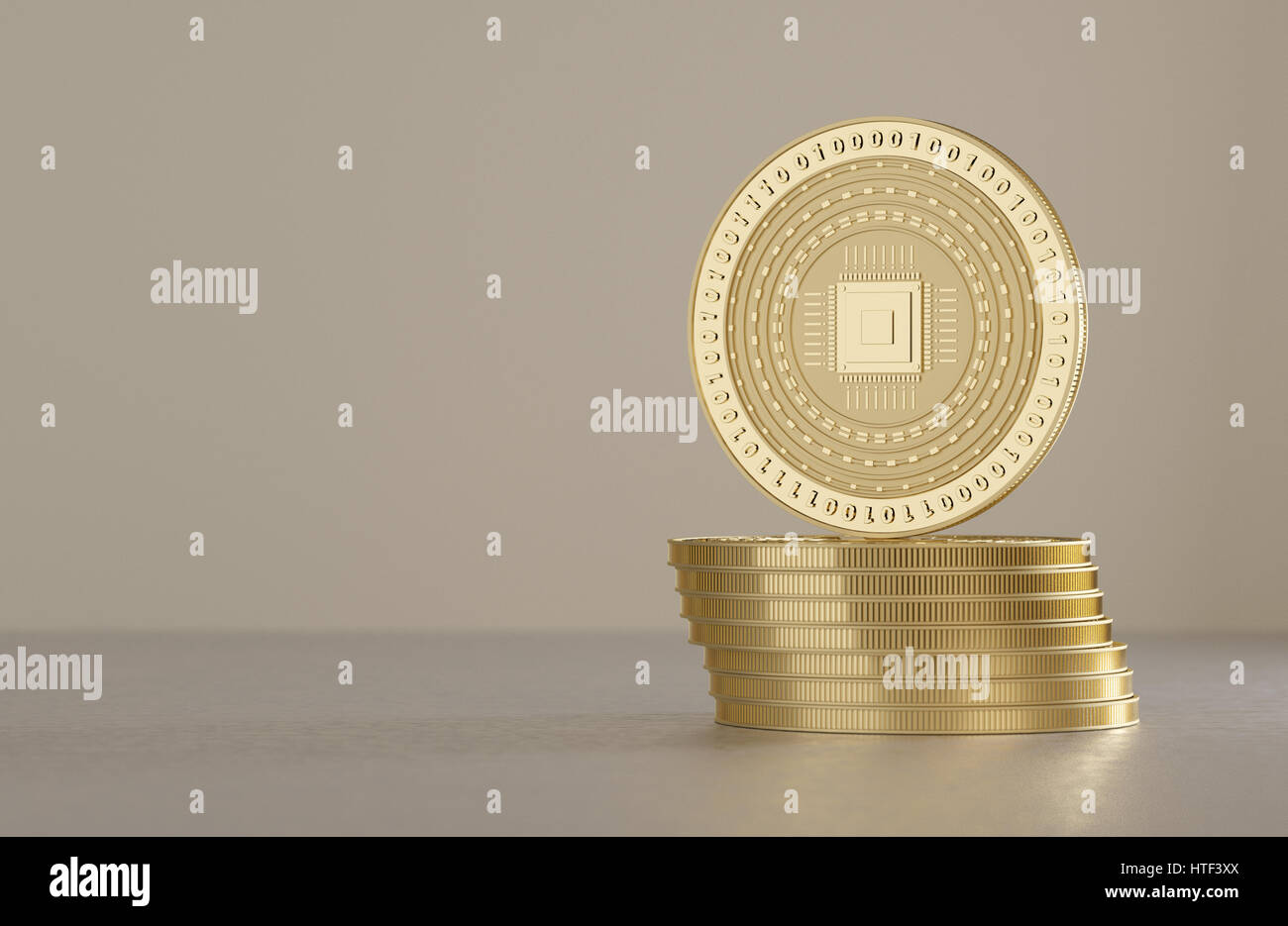 Le monete d'oro sul pavimento in metallo con logo della cpu come esempio per bitcoin, online banking o fin-tech Foto Stock