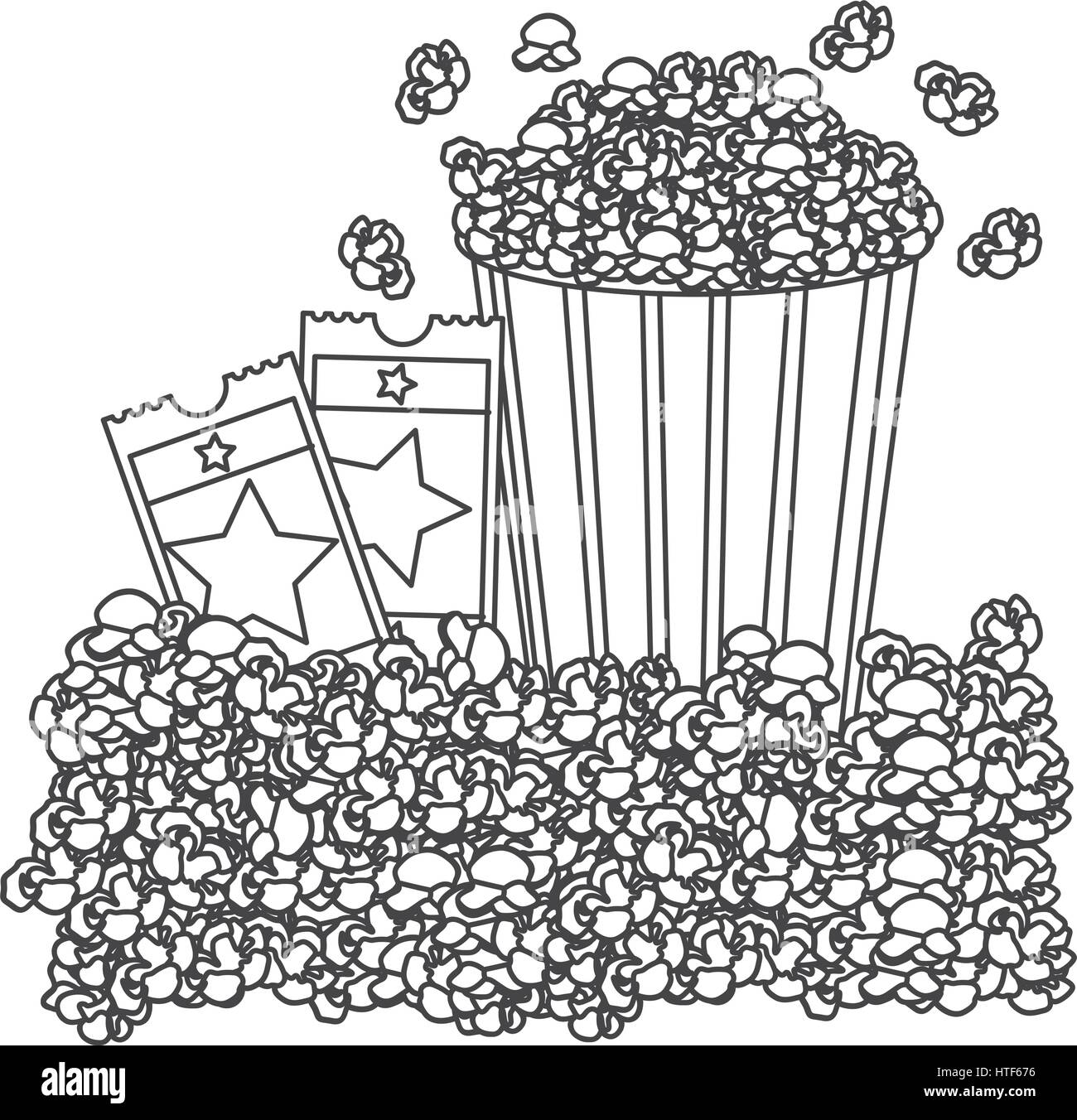 Contorno in scala di grigi con contenitore di popcorn e biglietti per il cinema Illustrazione Vettoriale