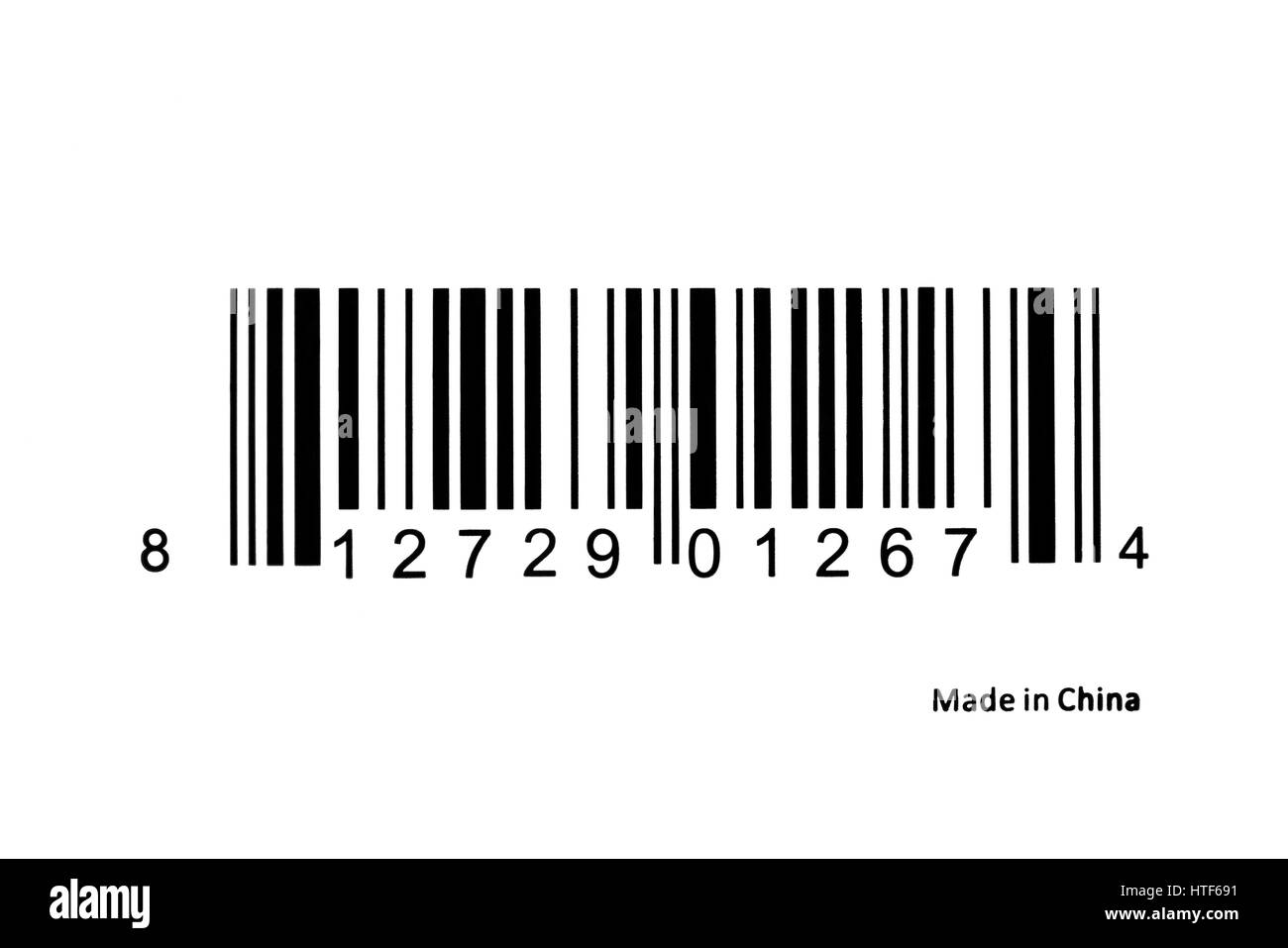 Etichetta con codice a barre utilizzato per l'identificazione con Made in Cina il testo Foto Stock