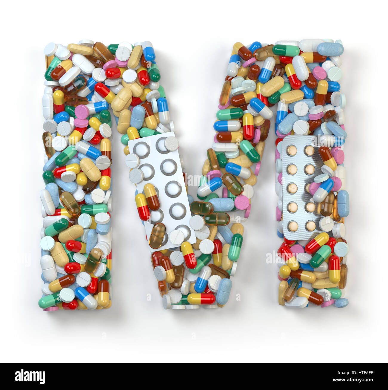 Lettera M. Set di alfabeto di medicina pillole, capsule, compresse e blister isolato su bianco. 3d illustrazione Foto Stock