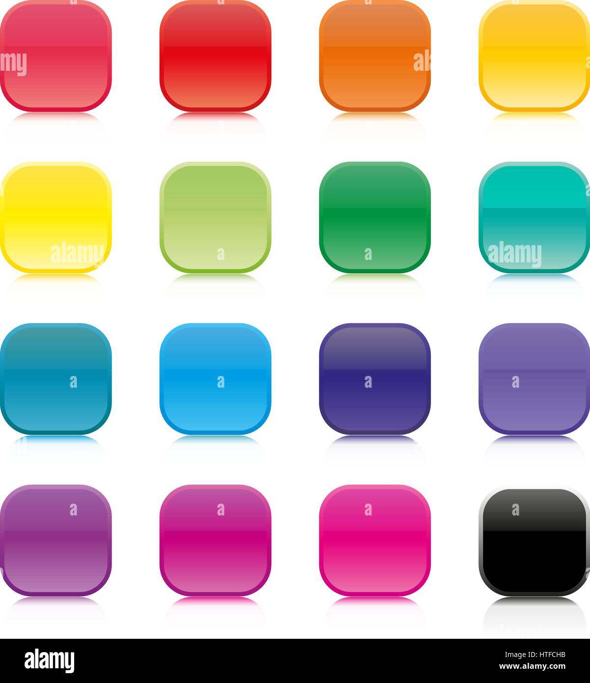 Set di multi-colore pulsanti quadrati con angoli arrotondati, illustrazione vettoriale. Illustrazione Vettoriale