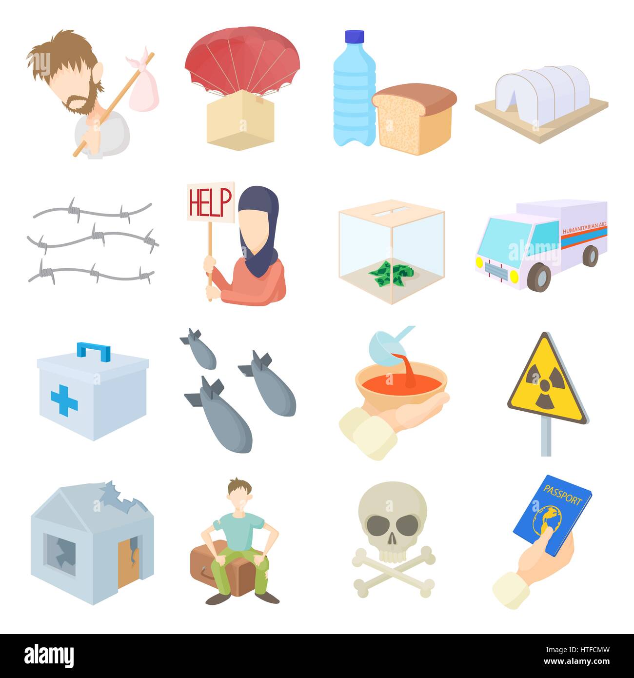 I rifugiati set di icone, stile cartoon Illustrazione Vettoriale