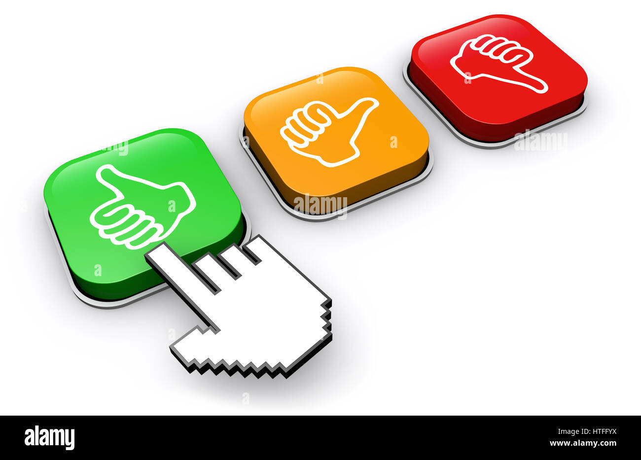 Felice il cliente facendo clic su feedback positivo button business e marketing concetto astratto 3d'illustrazione. Foto Stock